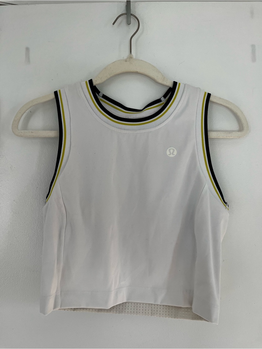 lululemon athletica White Sleeveless Crop Tank with navy and green Trim